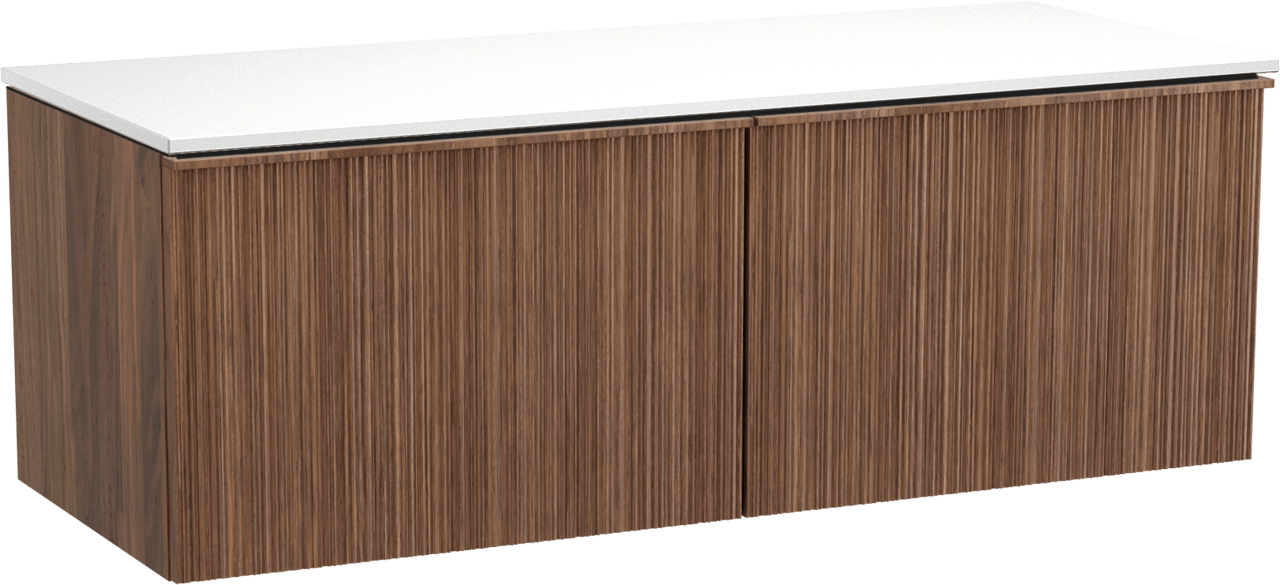 Balmani Forma zwevend badmeubel 135 x 55 cm amerikaans notenhout met Stretto enkel of dubbel wastafelblad in solid surface mat wit, Verticale asymmetrische ronde ribbel