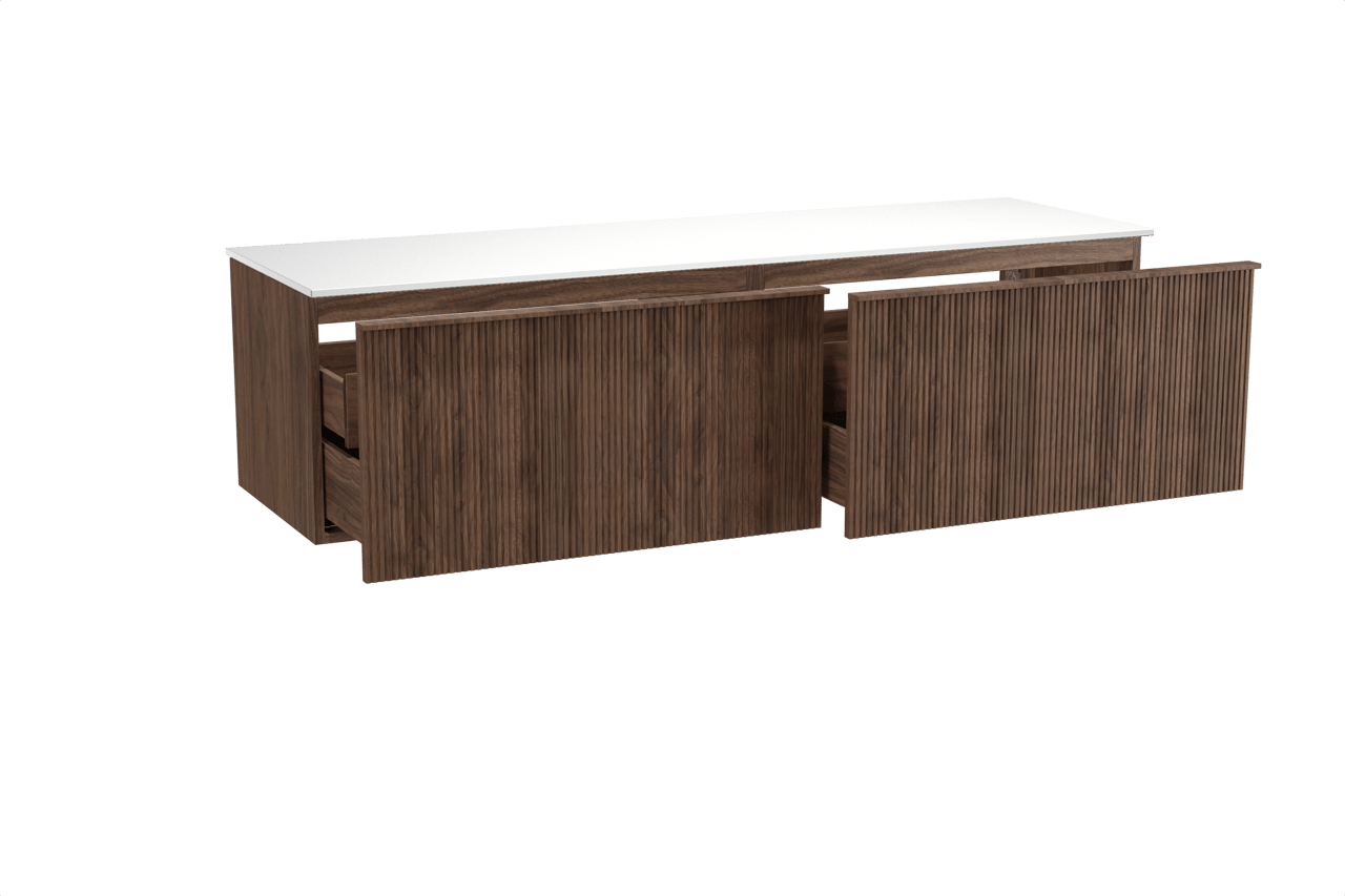 Balmani Forma zwevend badkamermeubel 180 x 55 cm amerikaanse notelaar met Stretto enkel of dubbel tablet in solid surface mat wit, Verticale symmetrische rechte ribbel