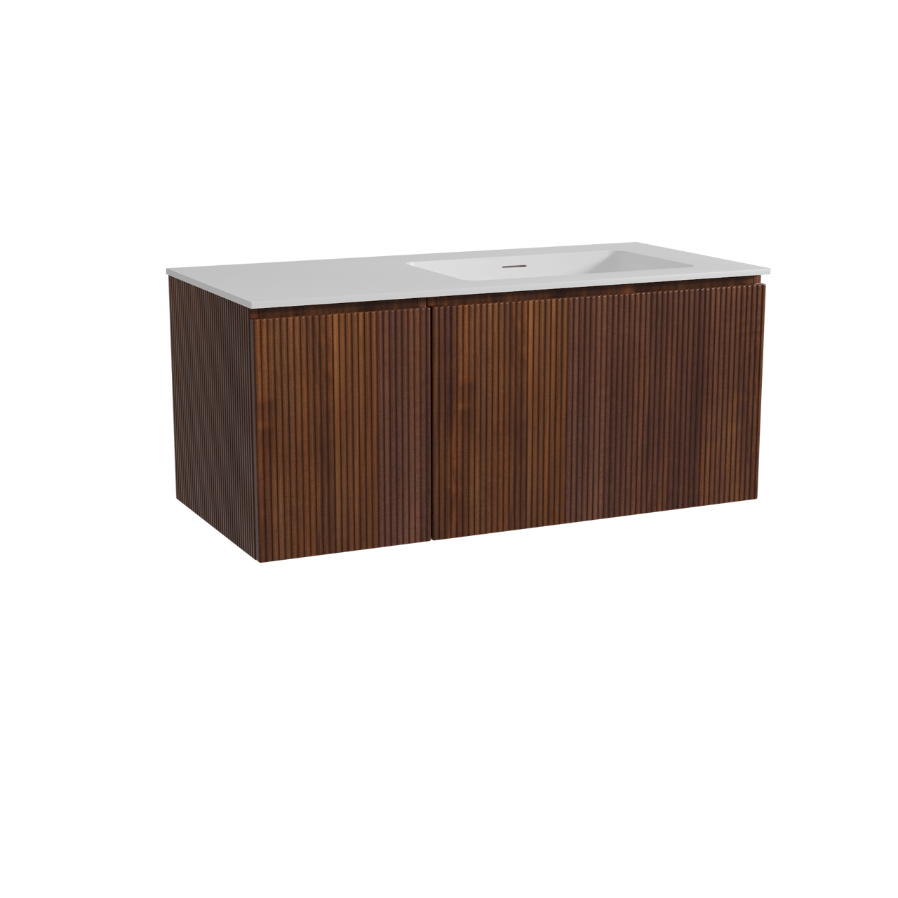 Storke Ribs hängendes Möbelstück Set: 110 x 52 cm, Nussbaum, mit Mata Waschtisch rechts, Solid Surface, Weiß matt, Vertikale symmetrische gerade Rippe