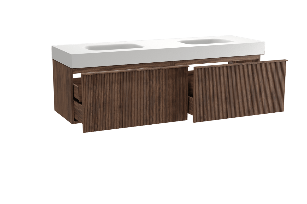 Balmani Forma meuble salle de bains suspendu 180 x 55 cm noyer américain avec Arcato double vasque en solid surface blanc mat, Nervure droite symétrique verticale