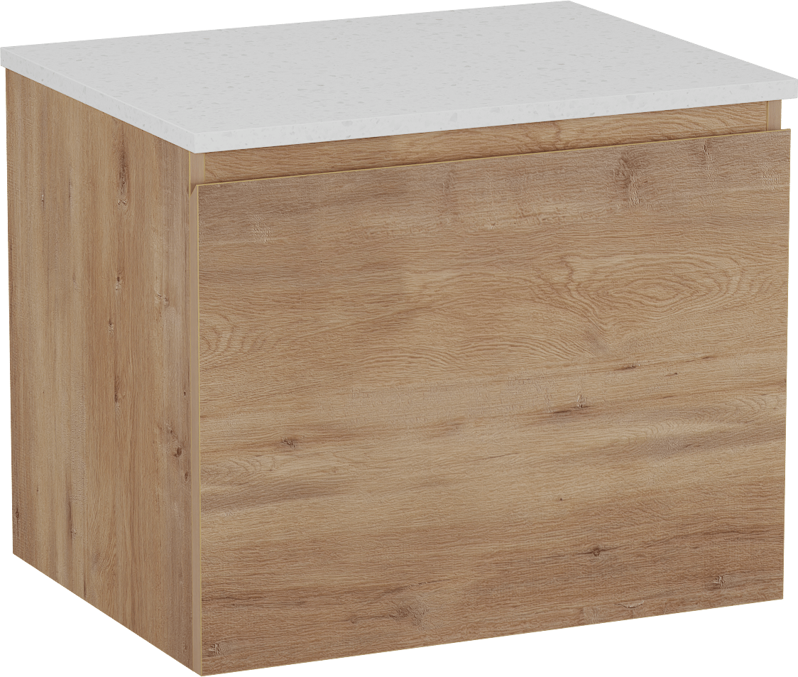 Linie Lado hängendes Möbelstück Set: 60 x 46 cm, Naturbelassene Eiche, mit Lado Einzel Waschtischplatte, Melamin in Terrazzo Weiß