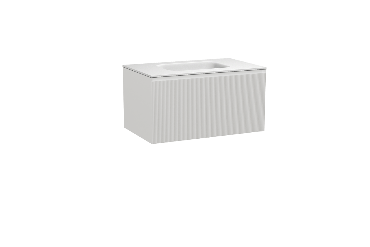 Balmani Fila hängendes Möbelstück Set: 90 x 55 cm, Weiß matt, mit Tablo Arcato Einzelwaschtisch, Solid Surface, Weiß matt, Vertikale symmetrische gerade Rippe