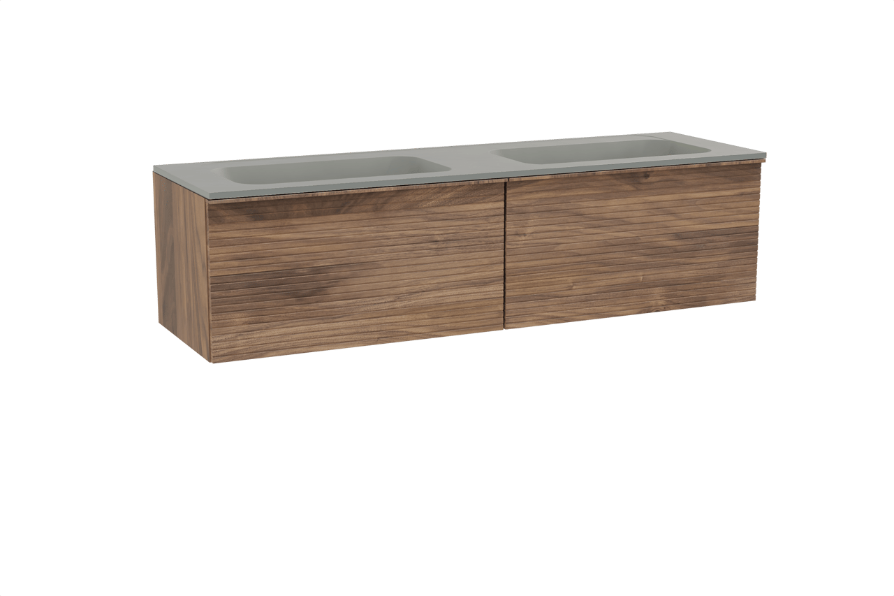 Balmani Forma zwevend badkamermeubel 180 x 55 cm amerikaanse notelaar met Tablo Strada dubbele wastafel in composietmarmer zijdegrijs, Horizontale symmetrische rechte ribbel