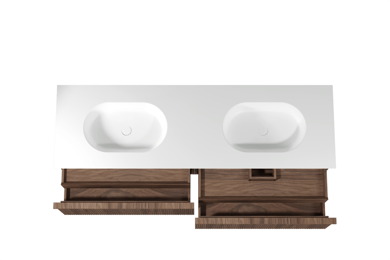 Balmani Forma zwevend badkamermeubel 180 x 55 cm amerikaanse notelaar met Tablo Oval dubbele wastafel in solid surface mat wit, Verticale symmetrische rechte ribbel