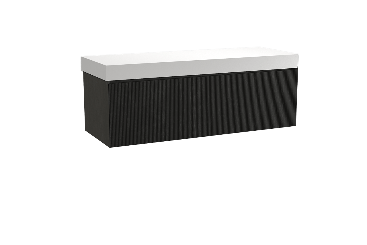 Balmani Fila meuble salle de bains suspendu 150 x 55 cm chêne noir avec Dominus tablette simple ou double en solid surface blanc mat, Nervure droite symétrique verticale