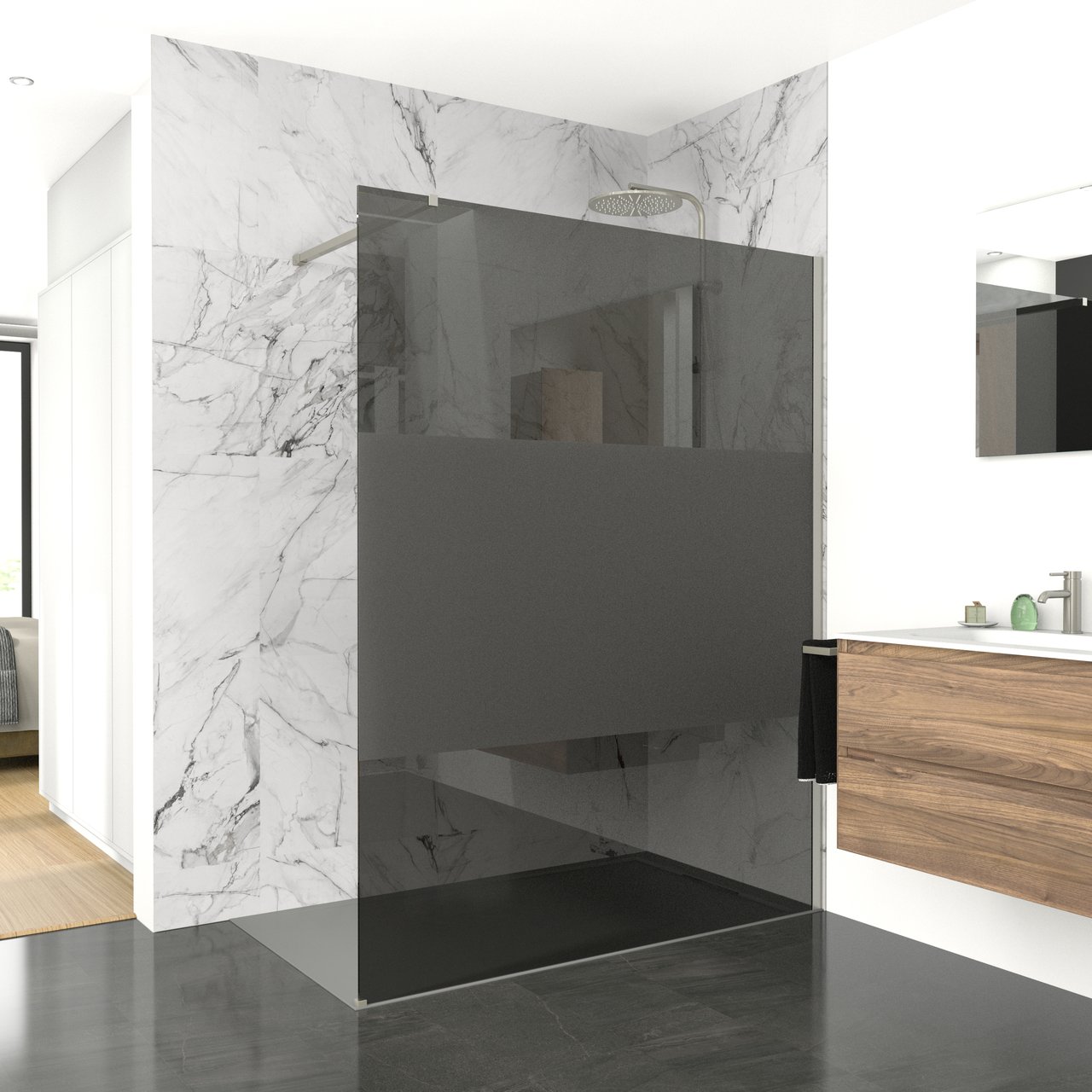 Balmani Modular inloopdouche 140 x 200 cm rookglas met matte strook geborsteld inox profiel