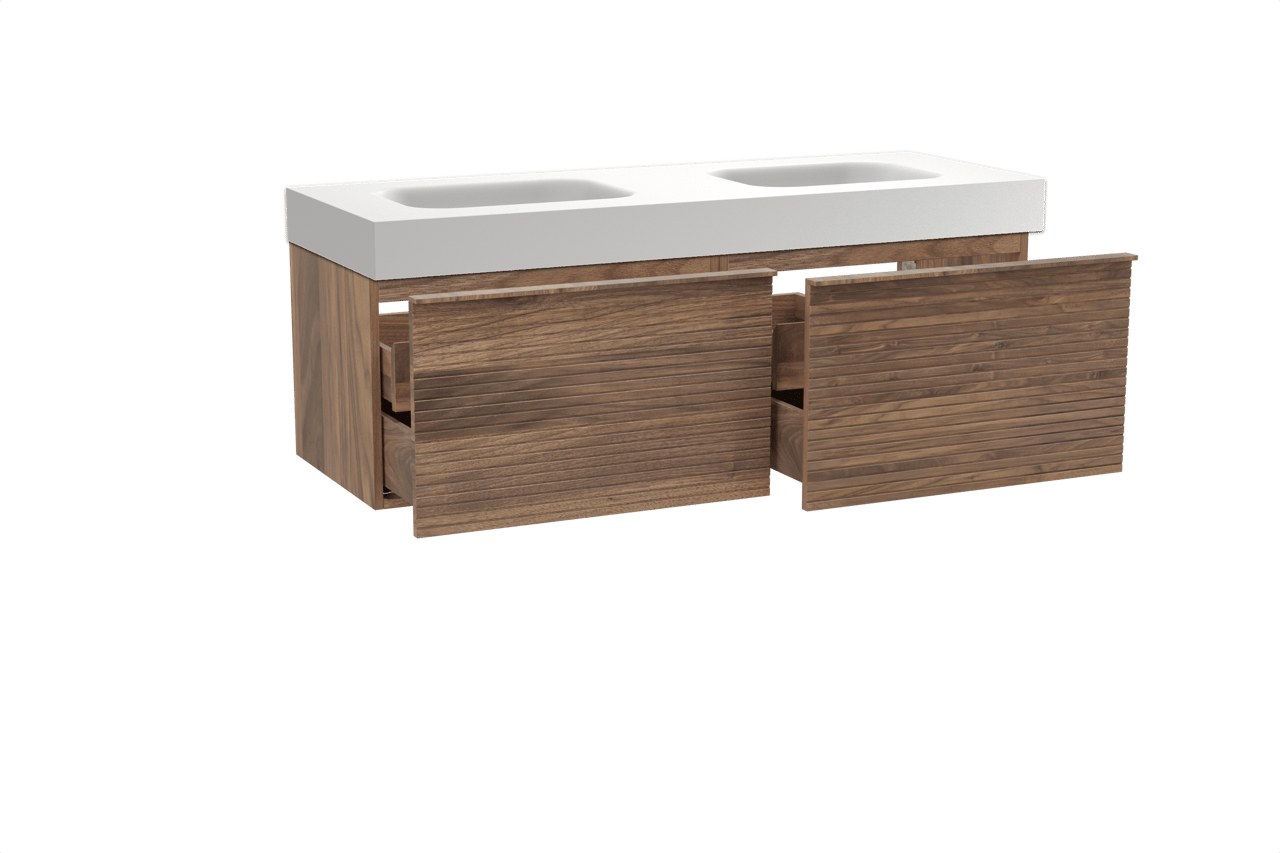 Balmani Forma zwevend badkamermeubel 150 x 55 cm amerikaanse notelaar met Arcato dubbele wastafel in solid surface mat wit, Horizontale symmetrische rechte ribbel