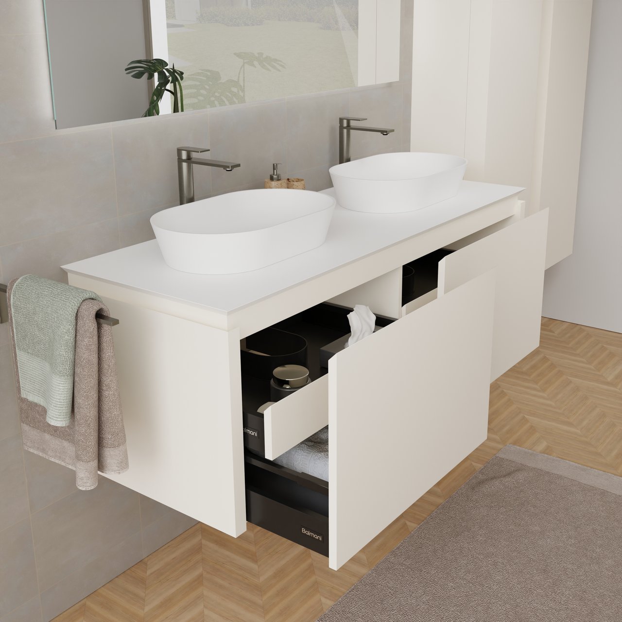 Balmani Eclips zwevend badkamermeubel 150 x 55 cm Sandbeige met Eclips enkel of dubbel tablet in Solid Surface mat wit