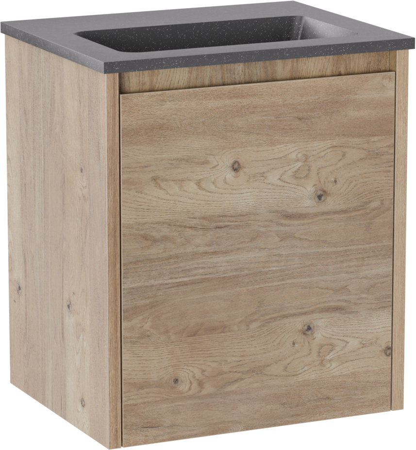 Storke Seda meuble salle de bains suspendu 45 x 35 cm chêne brut avec Scuro plan simple en Quartz noir mat