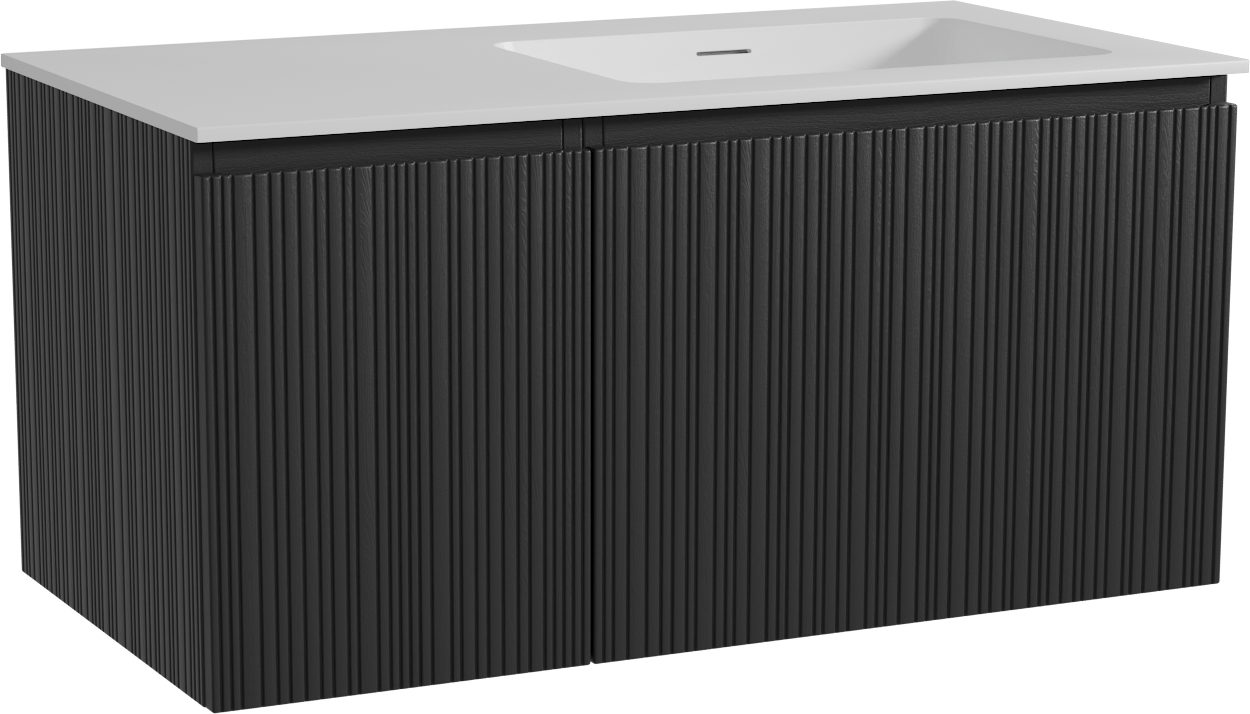 Storke Ribs zwevend badmeubel 100 x 52 cm zwart eiken met Mata asymmetrisch rechtse wastafel in solid surface mat wit, Verticale asymmetrische rechte ribbel