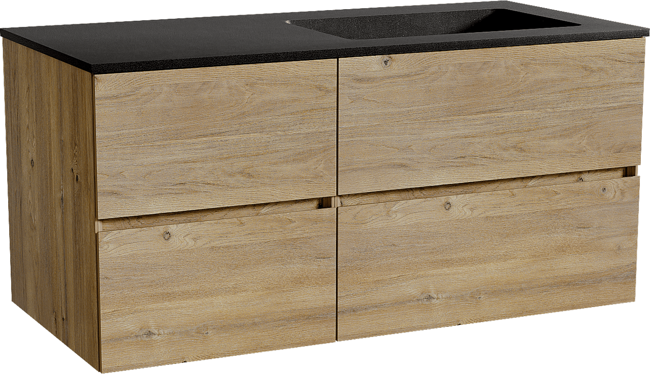 Storke Edge zwevend badmeubel 110 x 52 cm ruw eiken met Scuro asymmetrisch rechtse wastafel in kwarts mat zwart