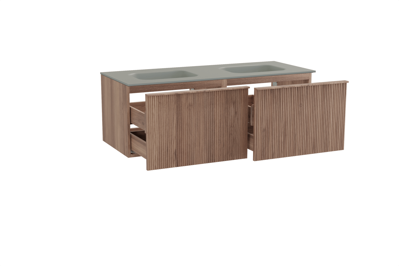 Balmani Forma meuble salle de bains suspendu 135 x 55 cm teck avec Tablo Arcato double vasque en solid surface gris pierre, Nervure droite symétrique verticale