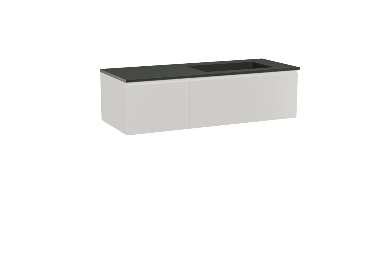 Storke Edge meuble salle de bains suspendu 130 x 52 cm blanc brillant avec Scuro plan vasque asymétrique à droite en quartz noir mat