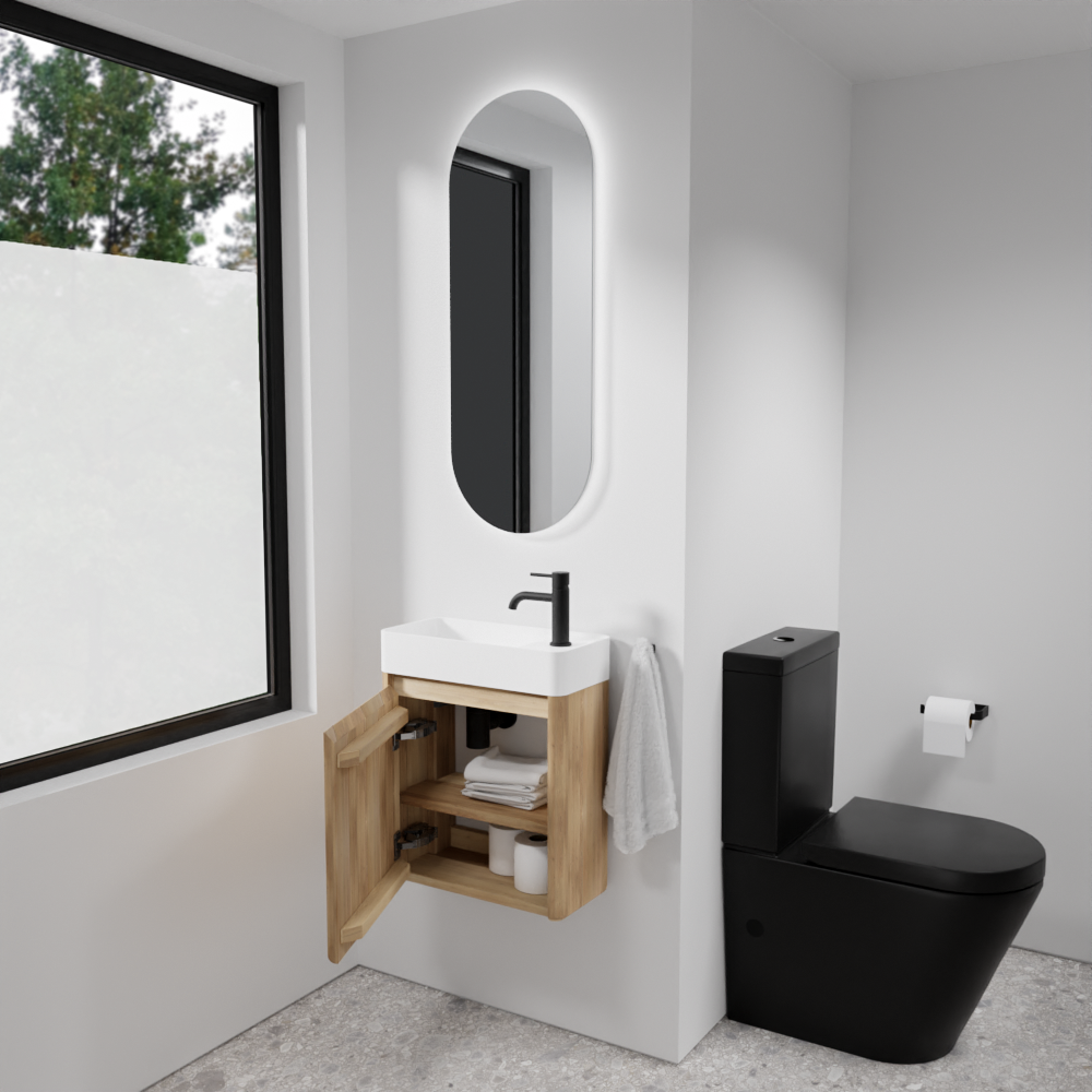 Balmani Fara zwevend toiletmeubel 45 x 22 cm natuur eik met Fara wastafel in matte Solid Surface