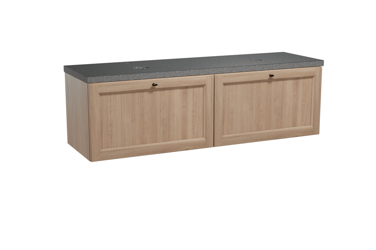 Balmani Lemon hängendes Möbelstück Set: 180 x 55 cm, Verwitterte Eiche, mit Rock Doppel Waschtischplatte, Schwarzes Granit