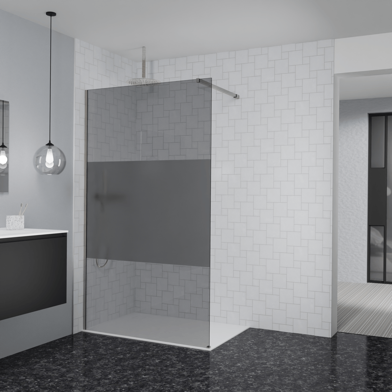 Balmani Modular douche à l'italienne: 120 x 200 cm, Verre fumé avec bande matte, Profil Brushed CoolMetal