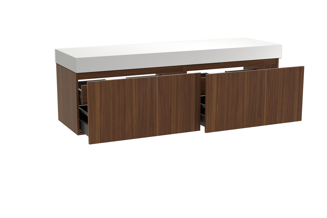 Balmani Sfera hängendes Möbelstück Set: 180 x 55 cm, Amerikanischer Nussbaum, mit Dominus Einzel- oder Doppel Waschtischplatte, Solid Surface Weiß matt