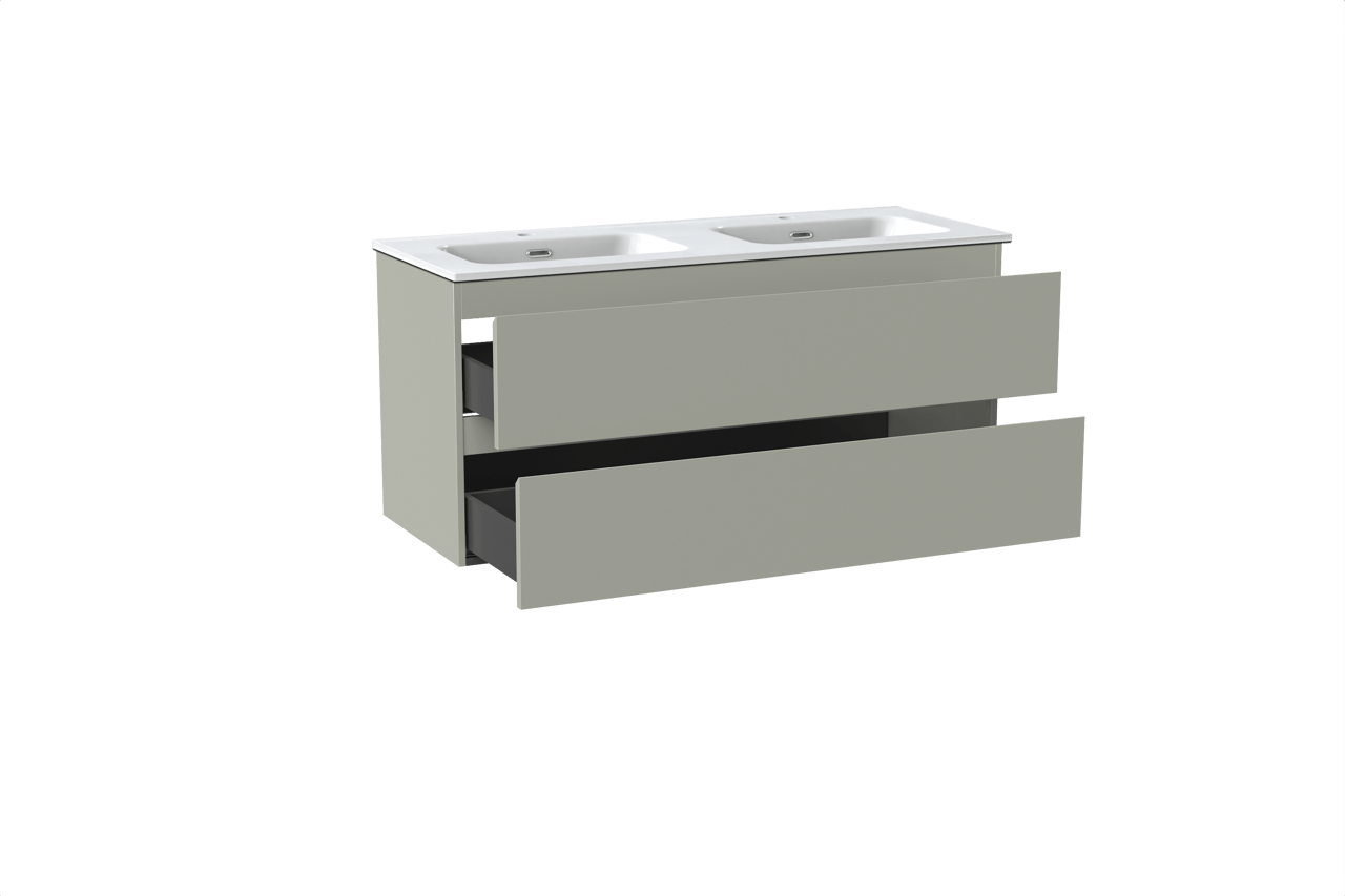 Linie Lado hängendes Möbelstück Set: 120 x 46 cm, Greige, mit Baro Doppelwaschtisch, Porzellan Weiß glänzend