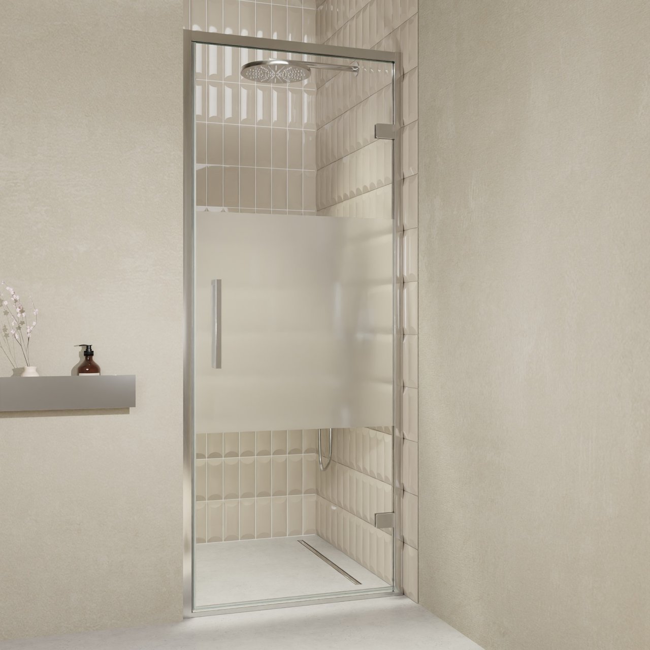 Balmani Senses Design douche draaideur rechts 90 cm x 210 cm Helder glas met matte strook, Chroom profielen