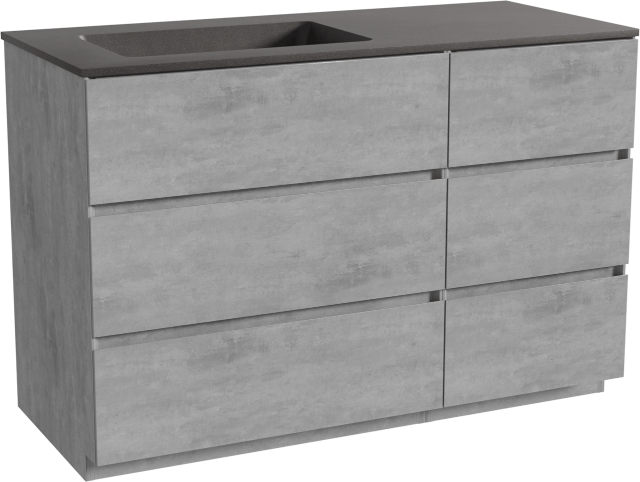 Storke Edge staand badmeubel 120 x 52 cm beton donkergrijs met Scuro asymmetrisch linkse wastafel in kwarts mat zwart