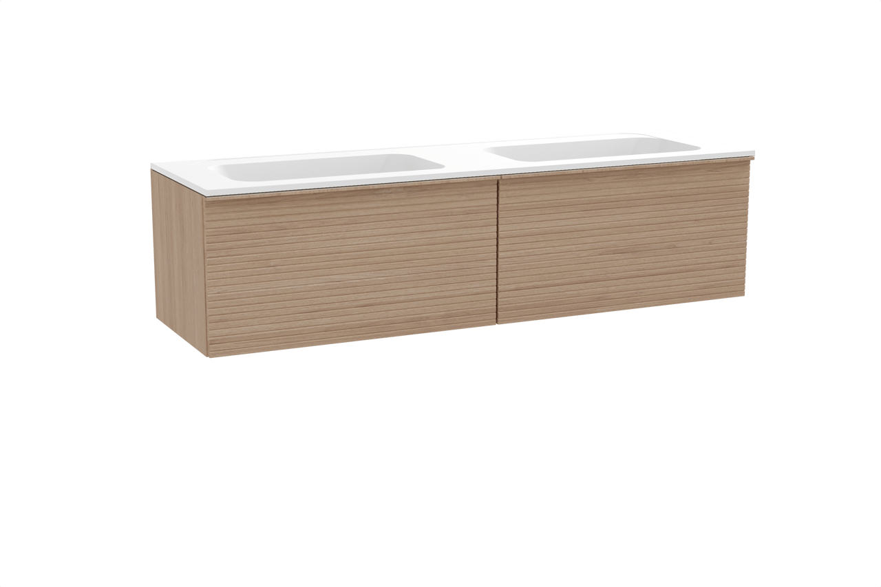 Balmani Forma meuble salle de bains suspendu 180 x 55 cm chêne naturel avec Tablo Strada double vasque en marbre composite blanc mat, Nervure droite symétrique horizontale