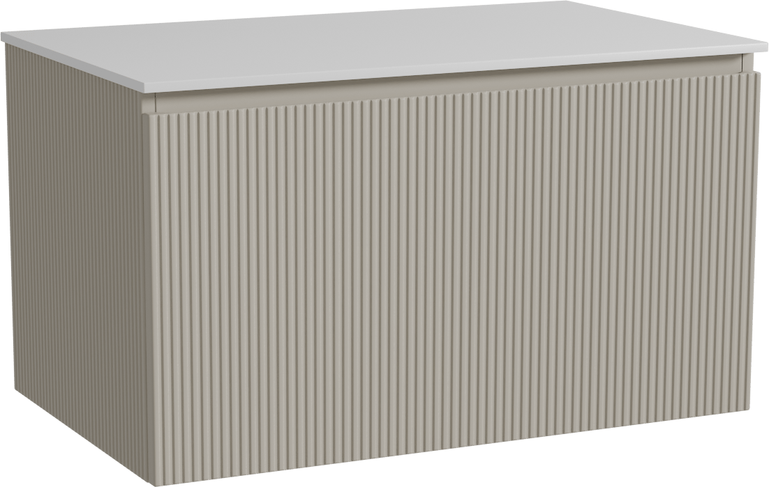 Storke Ribs meuble salle de bains suspendu 85 x 52 cm soie grise avec Tavola tablette simple en solid surface blanc mat, Nervure droite symétrique verticale