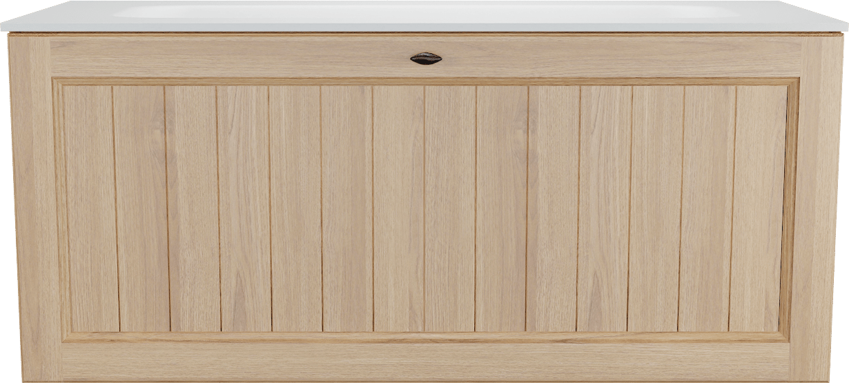 Balmani Lemon zwevend badmeubel 120 x 55 cm, fineer naturel eiken met Tablo Arcato enkele wastafel voor 2 kraangaten in mat wit