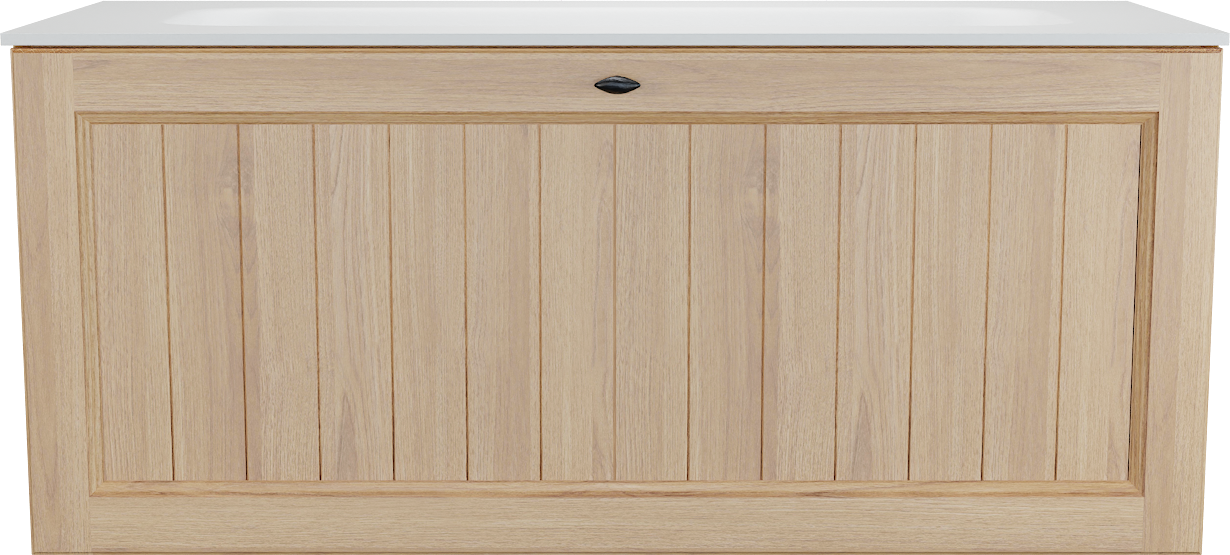 Balmani Lemon zwevend badkamermeubel 120 x 55 cm, fineer natuur eik met Tablo Arcato enkele wastafel voor 2 kraangaten in mat wit