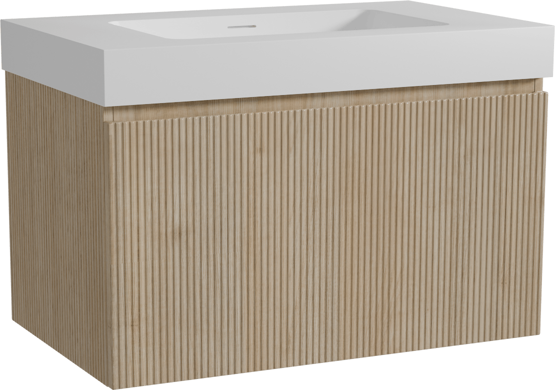 Storke Ribs meuble salle de bains suspendu 85 x 52 cm chêne brut avec Mata High plan simple en solid surface blanc mat, Nervure droite symétrique verticale