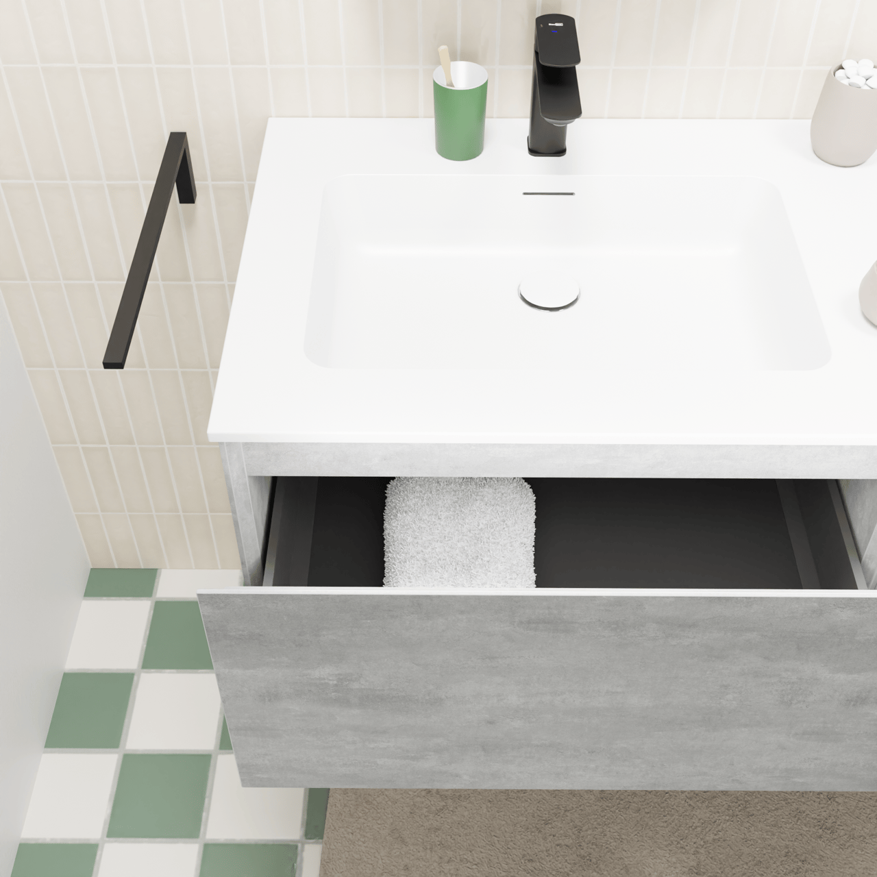 Storke Edge zwevend badmeubel 110 x 52 cm beton donkergrijs met Mata asymmetrisch linkse wastafel in solid surface mat wit