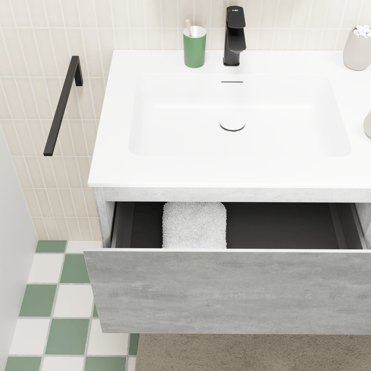 Storke Edge meuble salle de bains suspendu 135 x 52 cm béton gris foncé avec Mata plan simple en solid surface blanc mat
