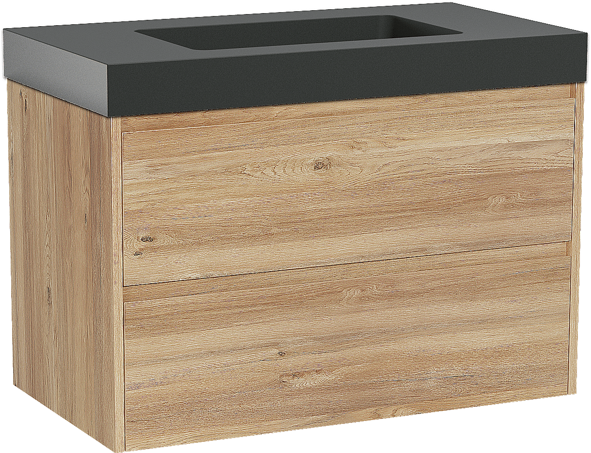 Storke Seda zwevend badmeubel 95 x 52 cm ruw eiken met Scuro High enkele wastafel in kwarts mat zwart