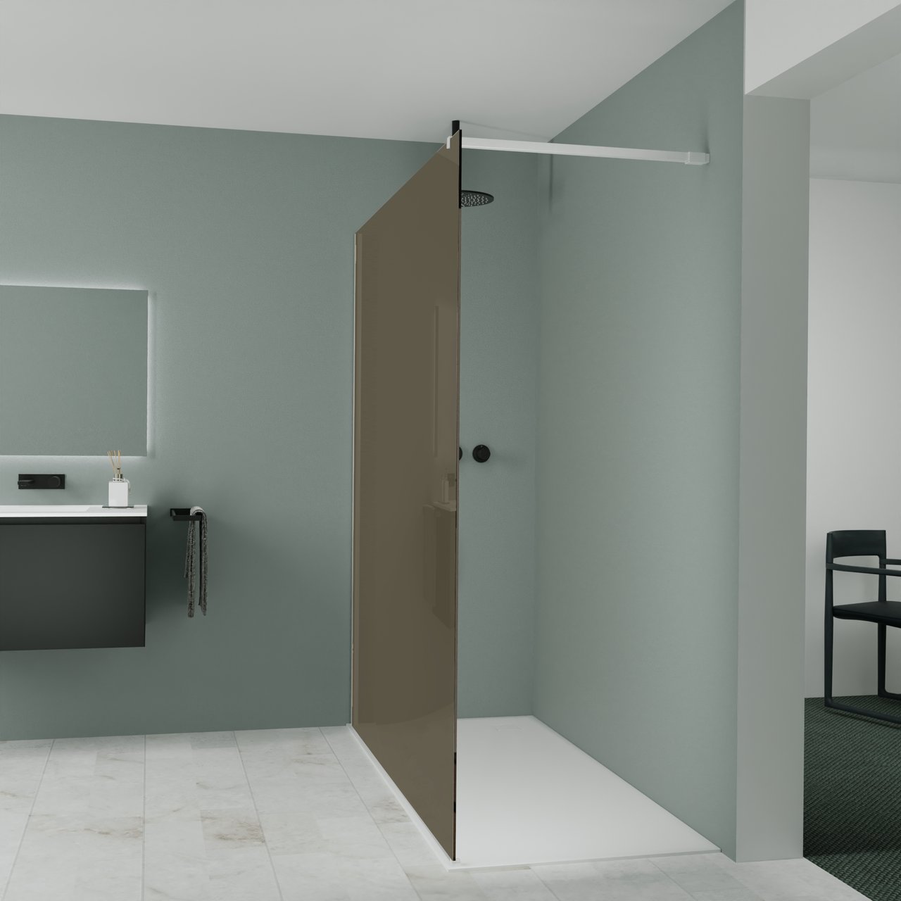 Balmani Modular Walk-In Dusche: 180 x 200 cm, Bronze Glas, inklusive Coating, Profil Weiß matt