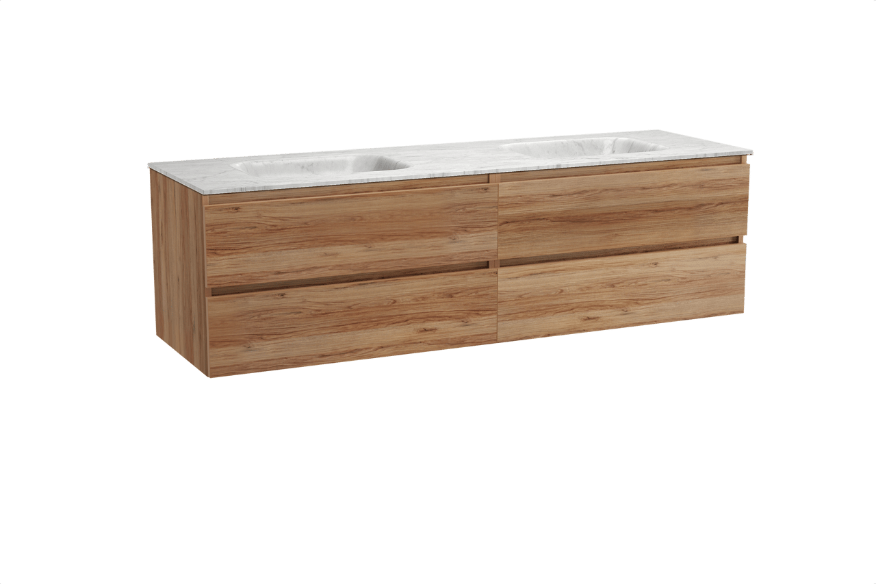 Balmani Lucida meuble salle de bains suspendu 180 x 55 cm teck avec Tablo Arcato double vasque en marbre carrara