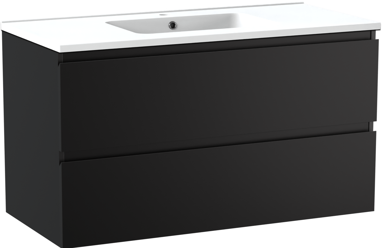 Linie Lado meuble salle de bains suspendu 100 x 46 cm noir mat avec Vano plan simple en marbre composite blanc mat