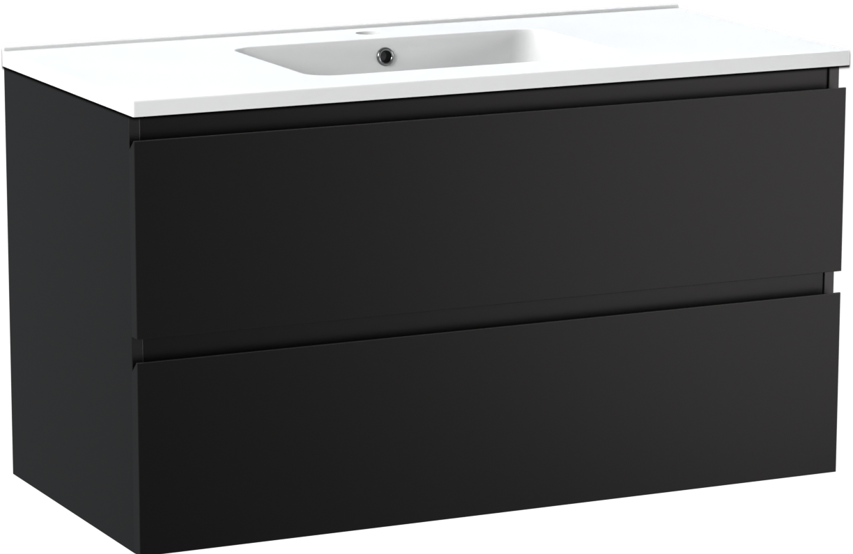 Linie Lado zwevend badkamermeubel 100 x 46 cm mat zwart met Vano enkele wastafel in composietmarmer mat wit