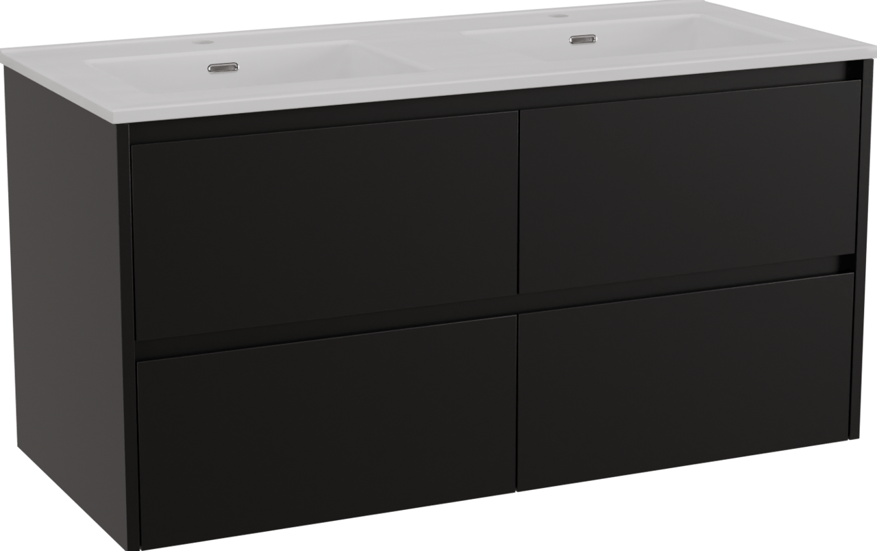 Storke Seda hängendes Möbelstück Set: 120 x 52 cm, Schwarz matt, mit Kera Doppelwaschtisch, Keramik Weiß glänzend