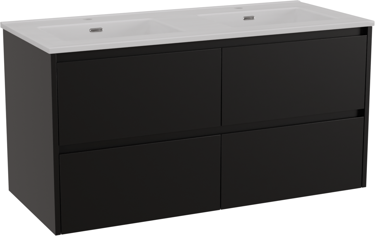 Storke Seda hängendes Möbelstück Set: 120 x 52 cm, Schwarz matt, mit Kera Doppelwaschtisch, Keramik Weiß glänzend