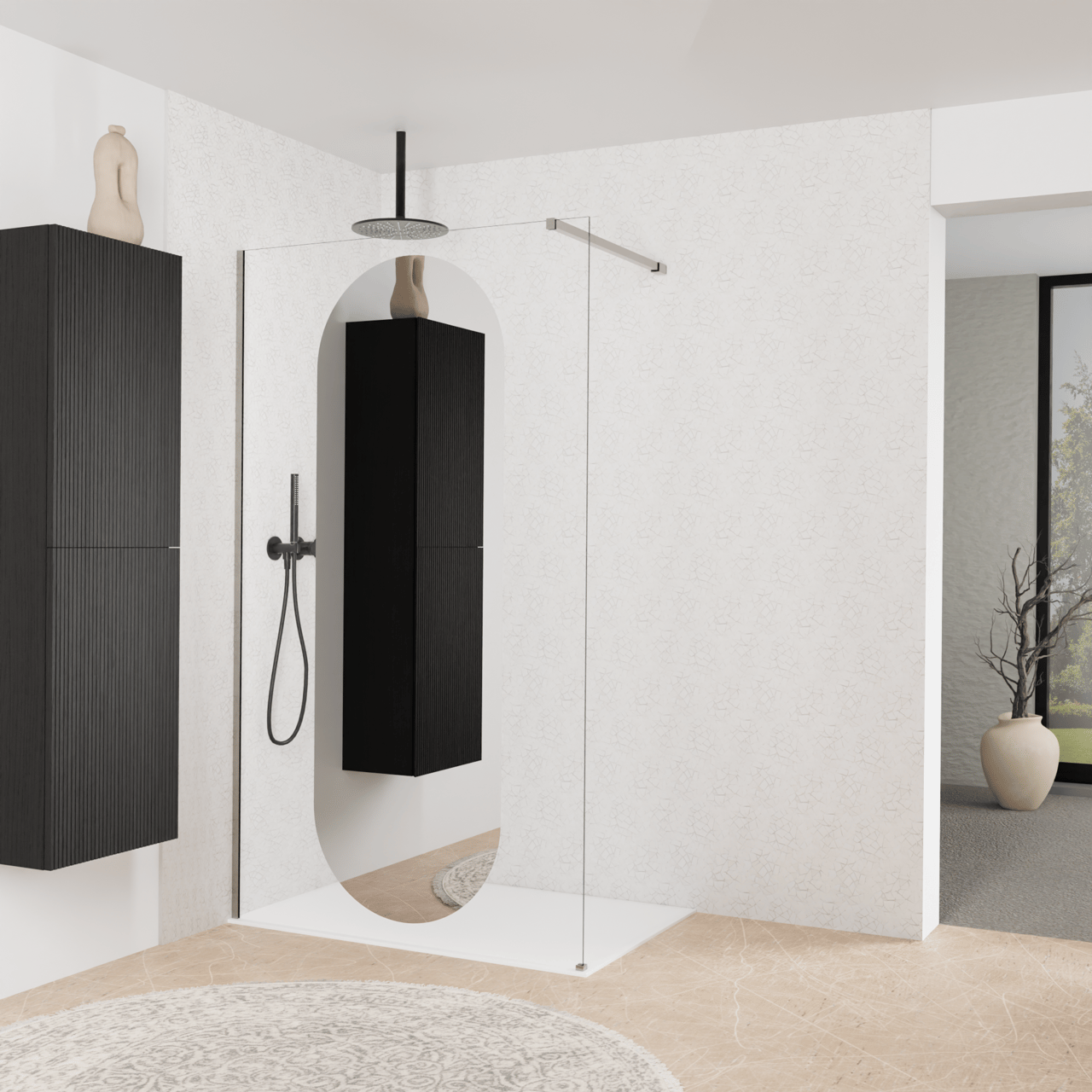 Balmani Modular Walk-In Dusche: 120 x 200 cm, Reflex-Spiegelglas Oval, Profil Brushed Inox