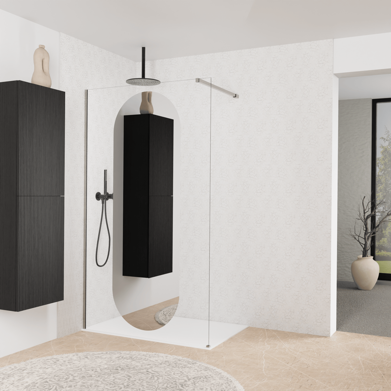 Balmani Modular douche à l'italienne: 120 x 200 cm, Miroir reflex ovale, Profil Brushed Inox