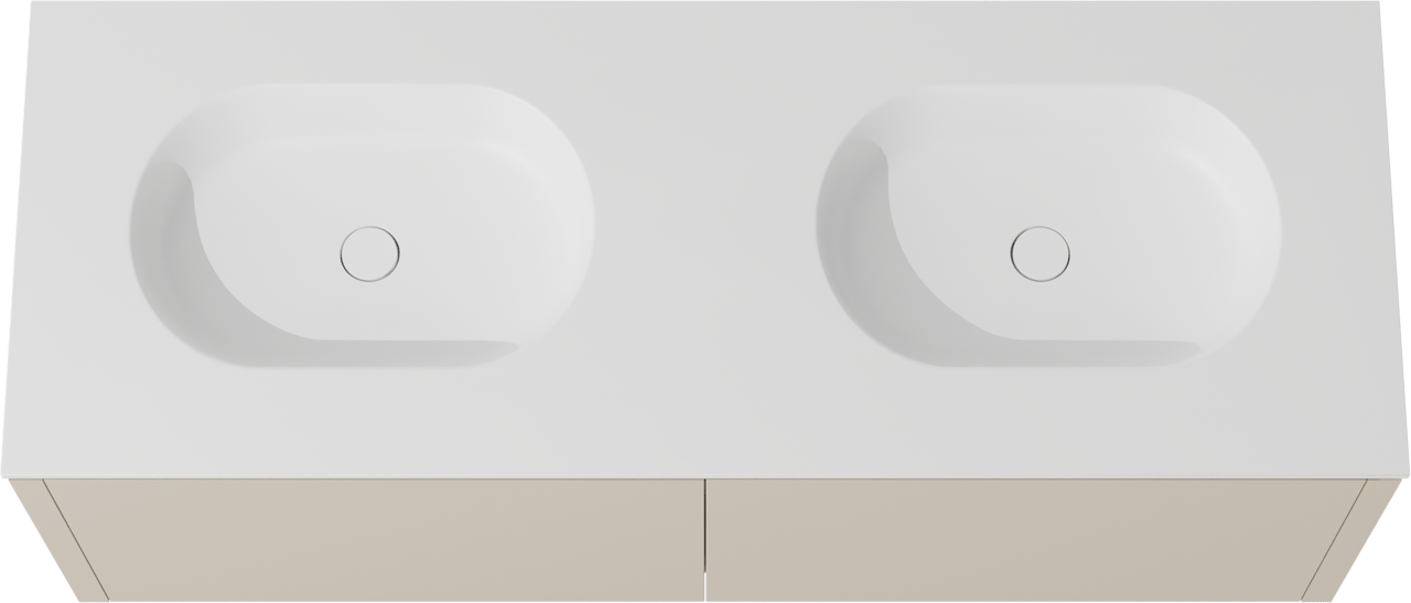 Balmani Eclips meuble salle de bains suspendu 150 x 55 cm Sandbeige avec Tablo Oval double vasque en Solid Surface blanc mat