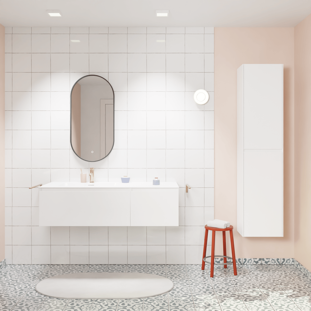 Storke Edge hängendes Möbelstück Set: 130 x 52 cm, Weiß glänzend, mit Mata Waschtisch links, Solid Surface Weiß matt