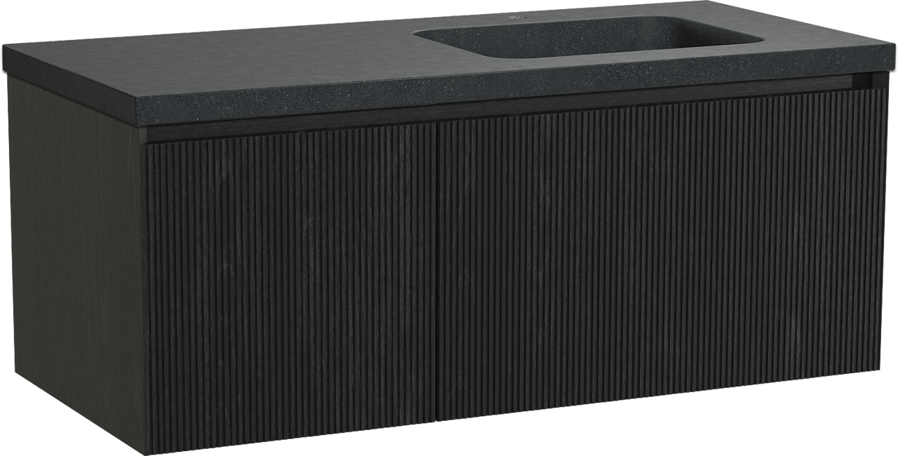 Balmani Fila hängendes Möbelstück Set: 120 x 55 cm, Schwarze Eiche, mit Napoli Waschtisch rechts, Granit, Schwarzes Granit, Vertikale symmetrische gerade Rippe