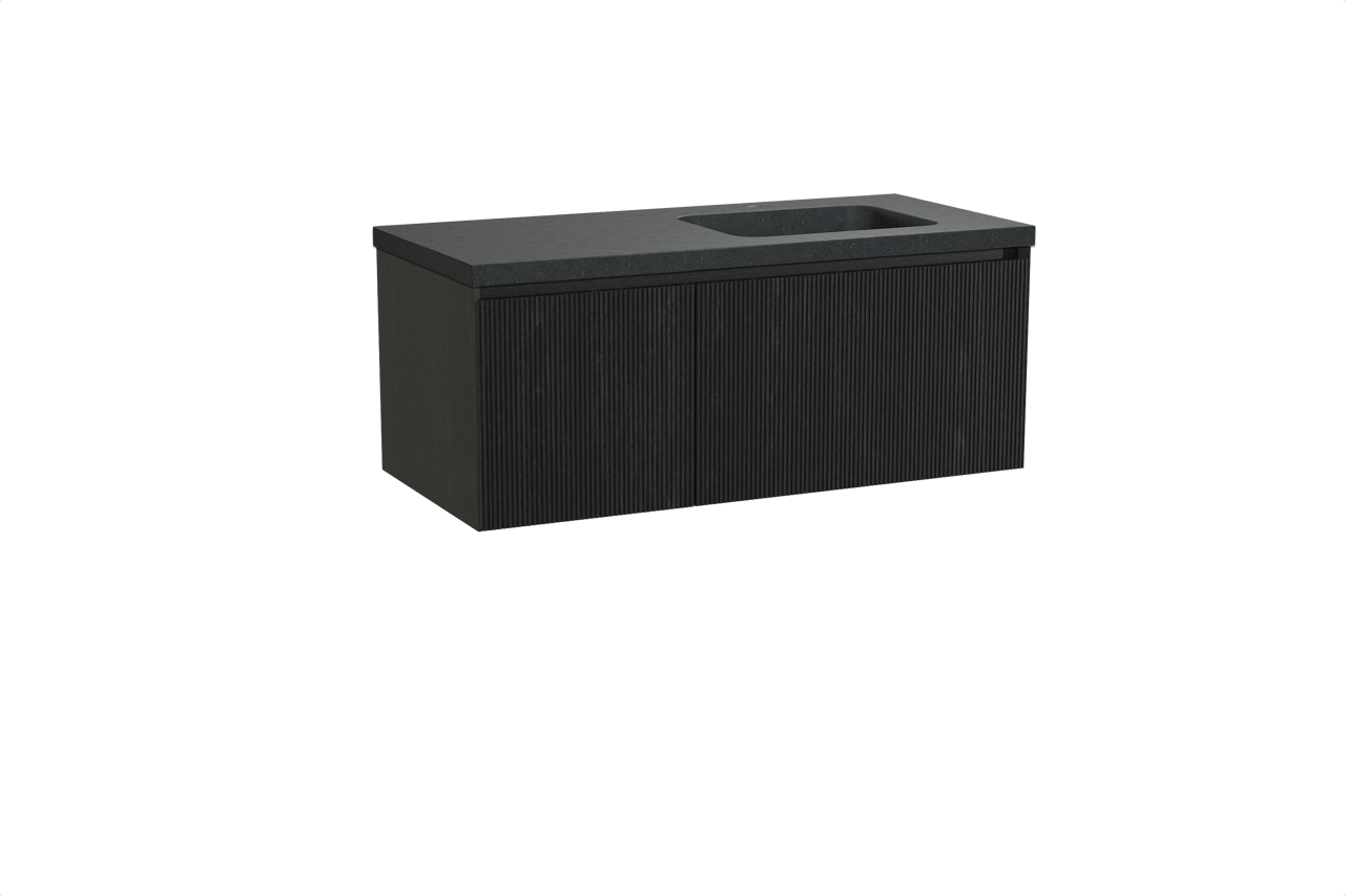 Balmani Fila meuble salle de bains suspendu 120 x 55 cm chêne noir avec Napoli plan vasque asymétrique à droite en granit noir, Nervure droite symétrique verticale