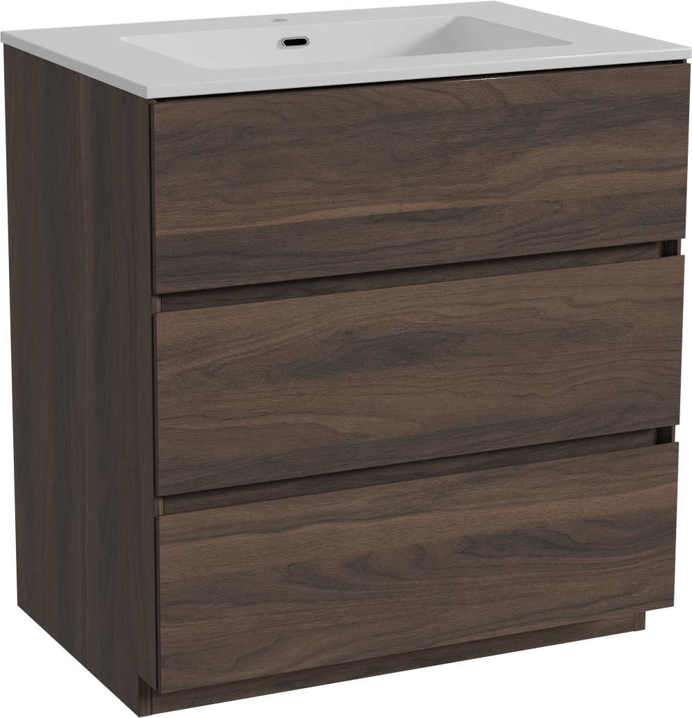 Storke Edge staand badmeubel 75 x 52 cm notenhout met Diva enkele wastafel in composietmarmer hoogglans wit