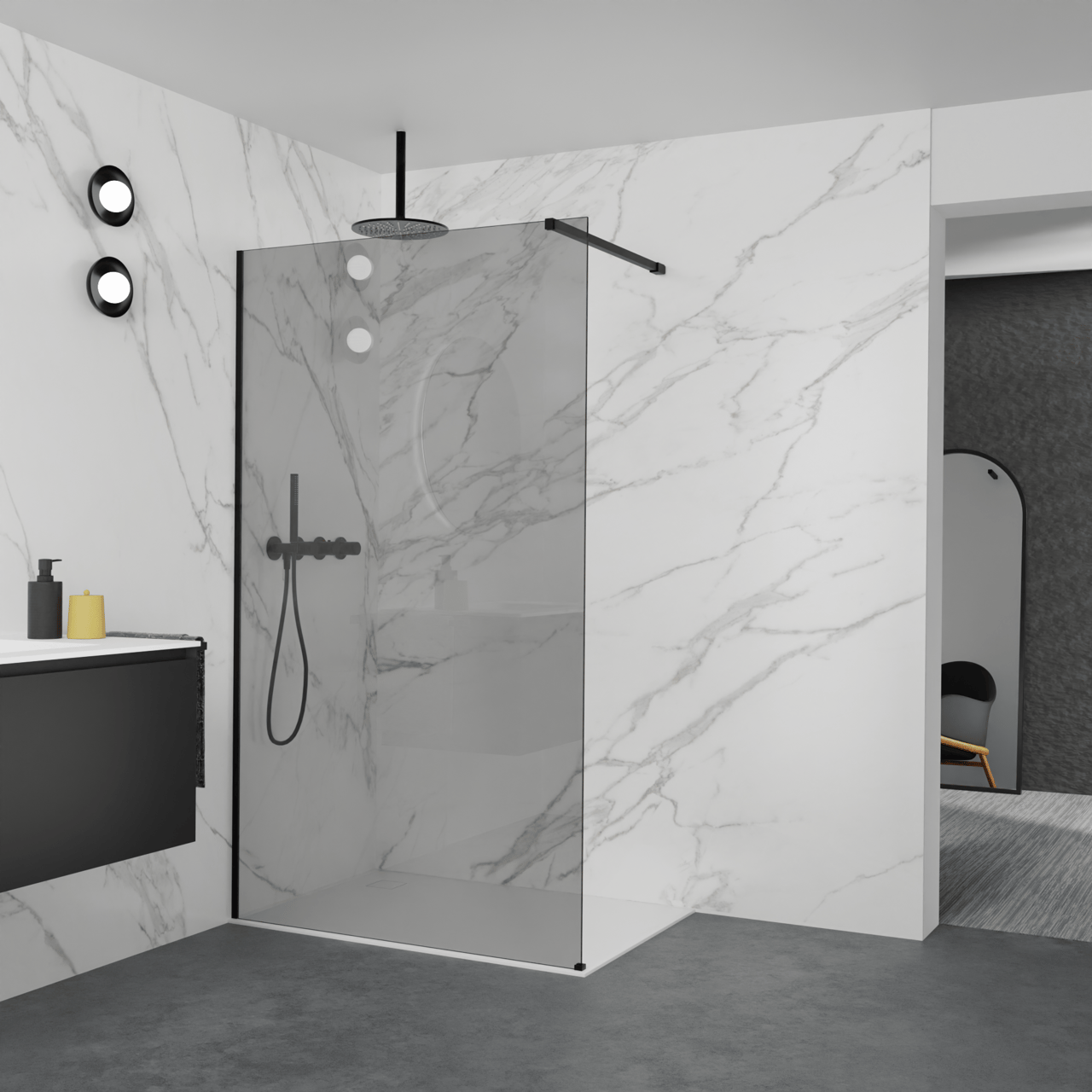 Balmani Modular Walk-In Dusche: 120 x 200 cm, Rauchglas, Profil Schwarz matt