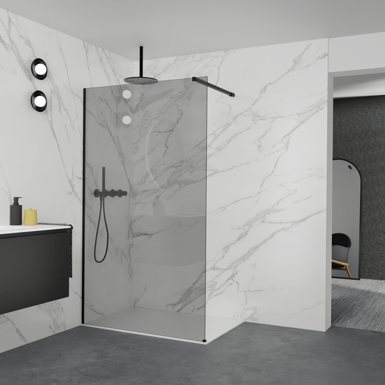 Balmani Modular douche à l'italienne: 120 x 200 cm, Verre fumé, Profil Noir mat