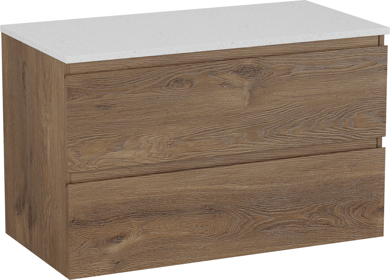 Linie Lado meuble salle de bains suspendu 90 x 46 cm chêne brun avec Lado tablette simple en mélaminé terrazzo blanc