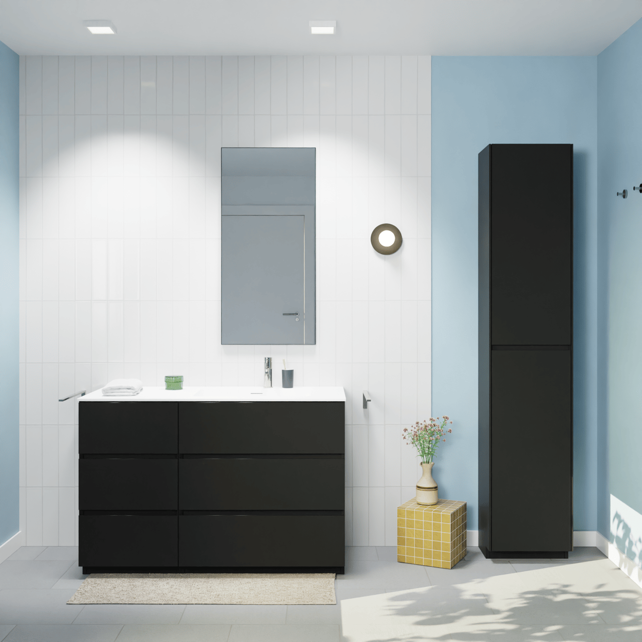 Storke Edge staand badkamermeubel 120 x 52 cm mat zwart met Mata asymmetrisch rechtse wastafel in solid surface mat wit