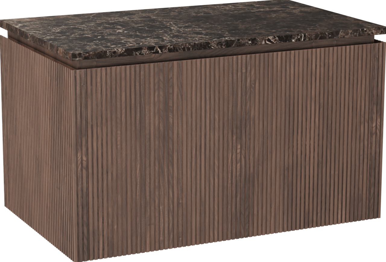 Balmani Eclips meuble salle de bains suspendu 90 x 55 cm Noyer américain avec Stretto tablette simple en Dark Emperador marbre, Nervure droite symétrique verticale